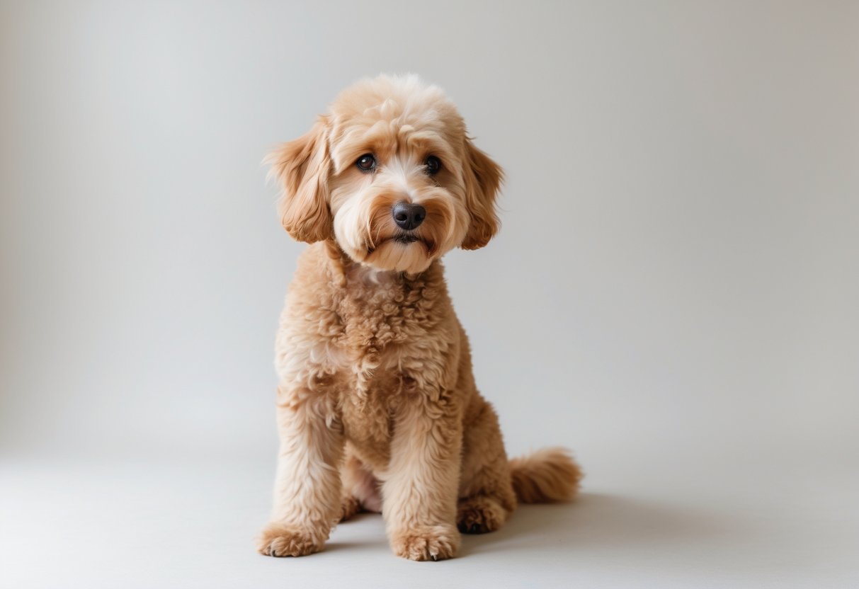 A Mini Goldendoodle dog with a neatly trimmed haircut sitting calmly on a plain background.