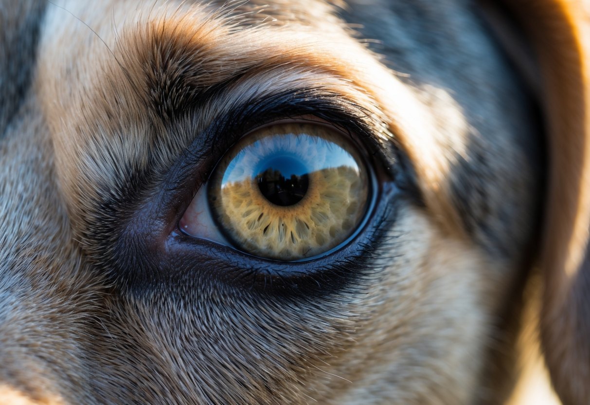 Close-up of a dog's eye showing three eyelids, including a partially visible protective membrane.