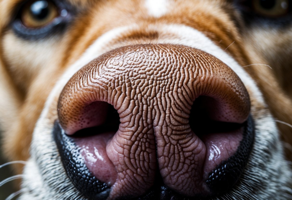 Close-up of a dog's nose showing detailed unique patterns and textures.