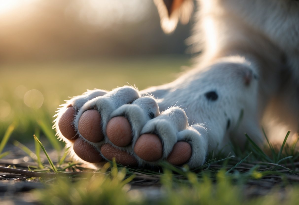 Close-up of a dog's paw resting on a natural surface, showing detailed paw pads.