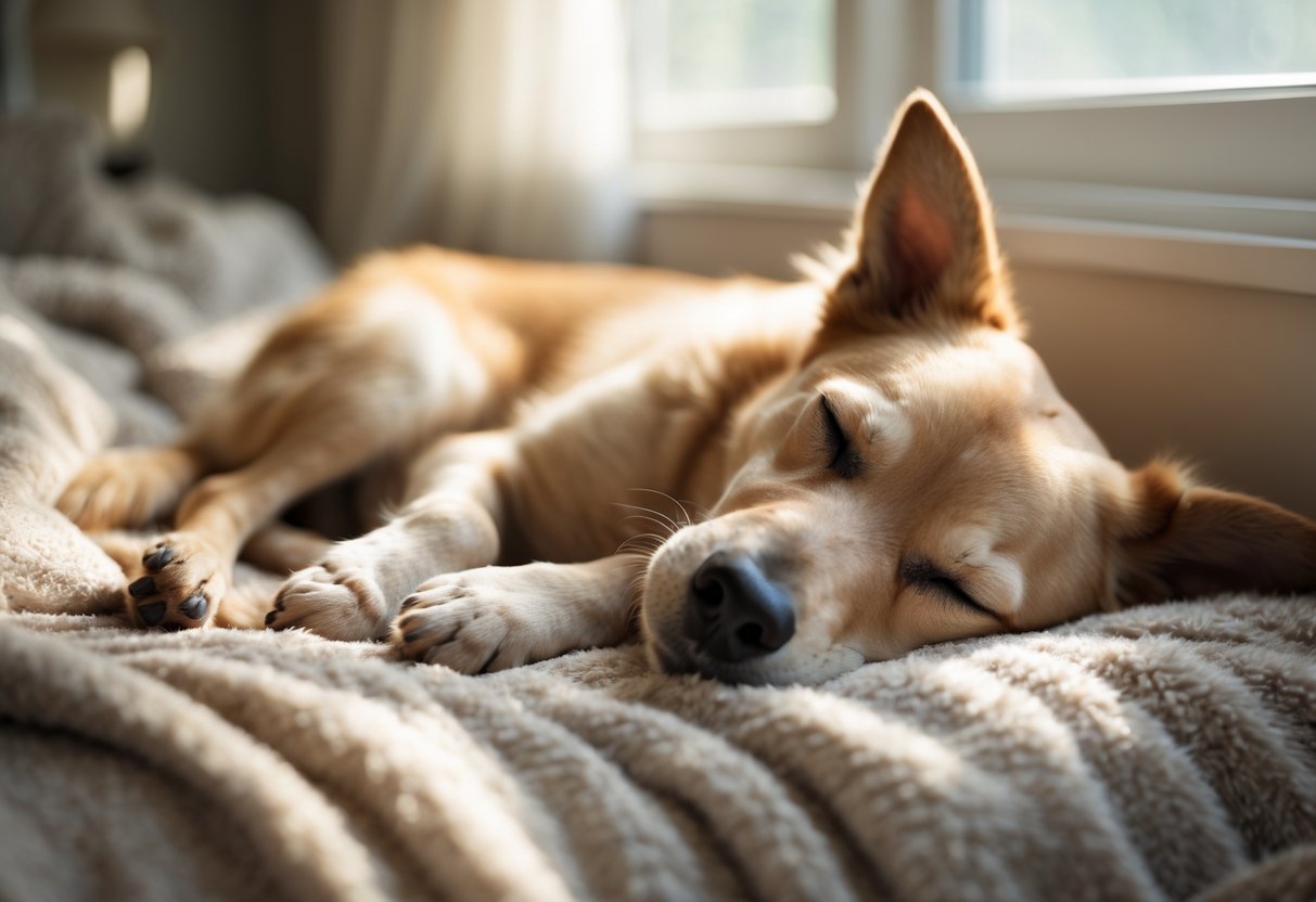 A dog sleeping peacefully on a cozy bed with its legs twitching.