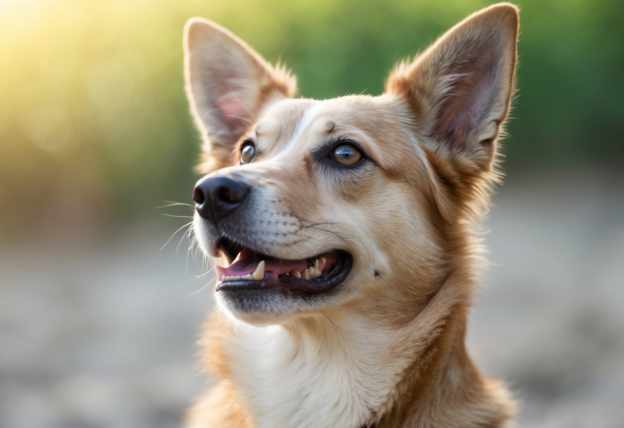 A dog sitting outdoors with ears perked up, looking alert and attentive.