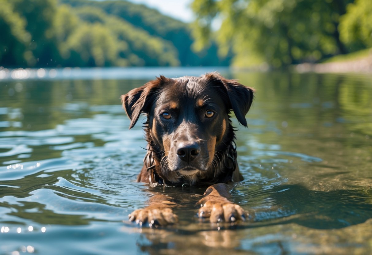 A dog standing in shallow water showing its webbed feet, with a lake and green trees in the background.