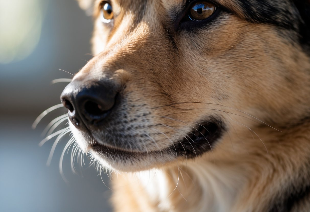 Close-up of a dog's face showing its whiskers and attentive expression.