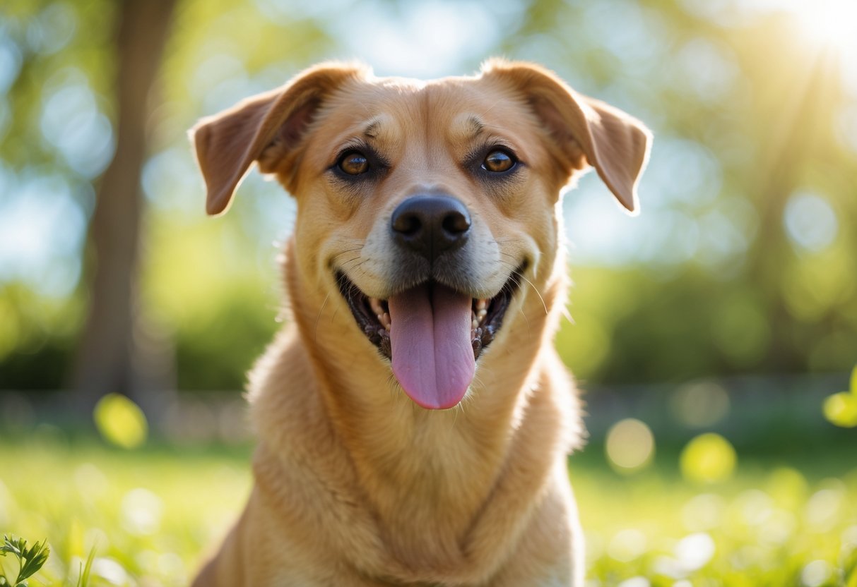 Close-up of a happy dog sitting outdoors with its tongue slightly out, looking curious.