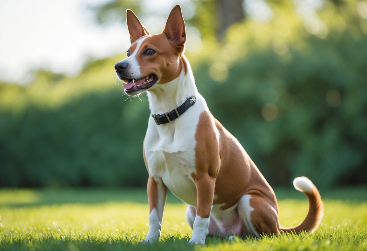 A Basenji dog sitting on green grass outdoors with its mouth slightly open as if making a yodel-like sound.