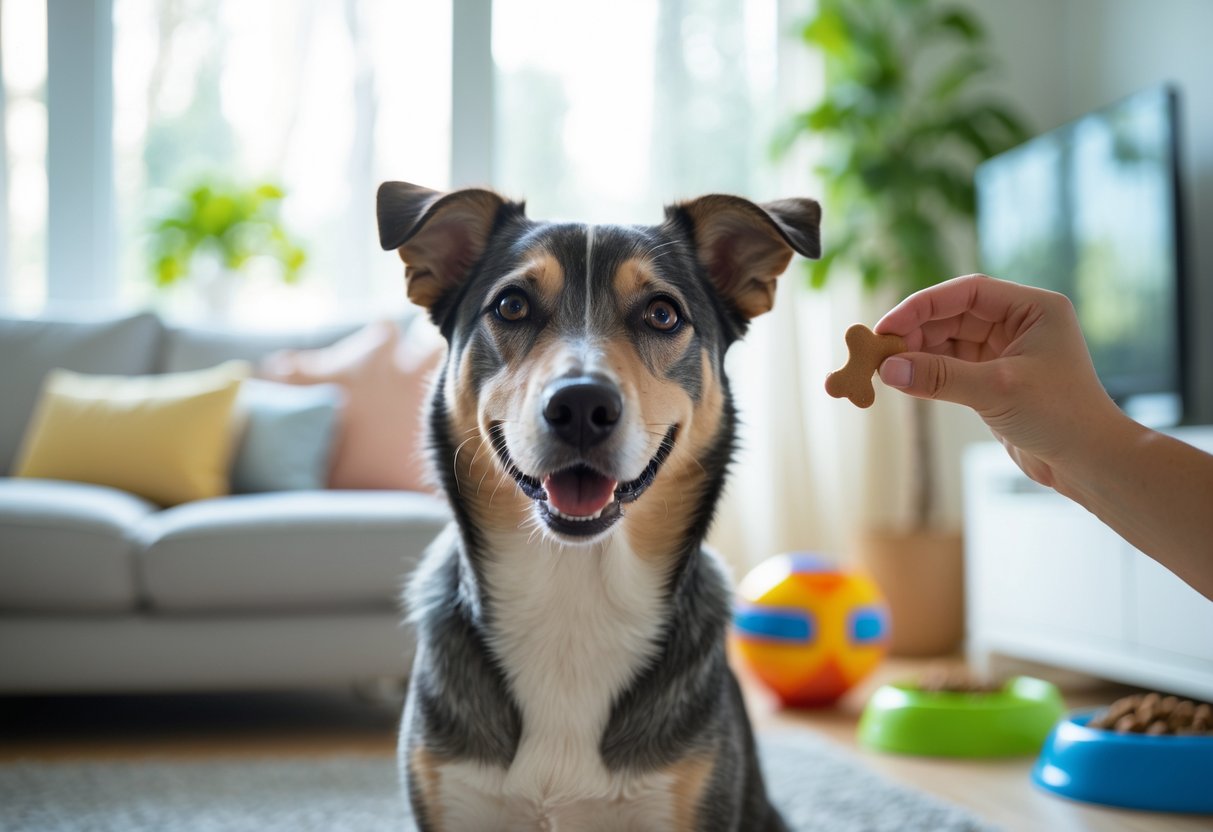 A dog sitting attentively indoors, looking at the camera with ears perked up, surrounded by dog toys and a person’s hand holding a treat.