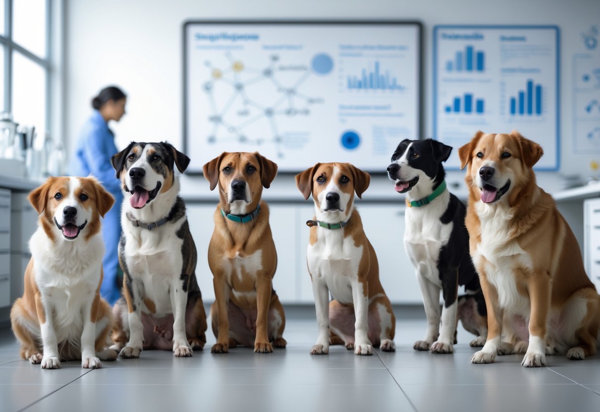 A group of dogs of various breeds in a bright research room with scientific charts and models in the background.