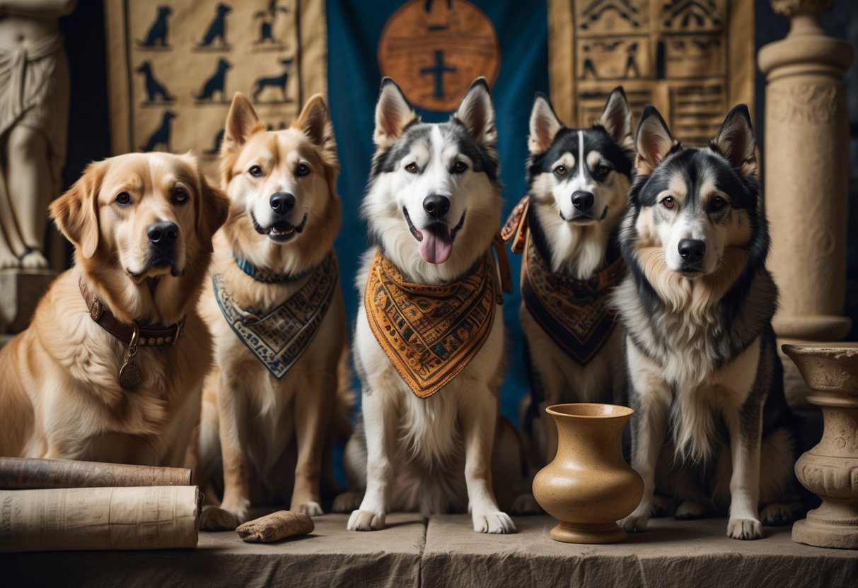 Several different dog breeds posed near historical artifacts and cultural symbols, showing their connection to history and culture.