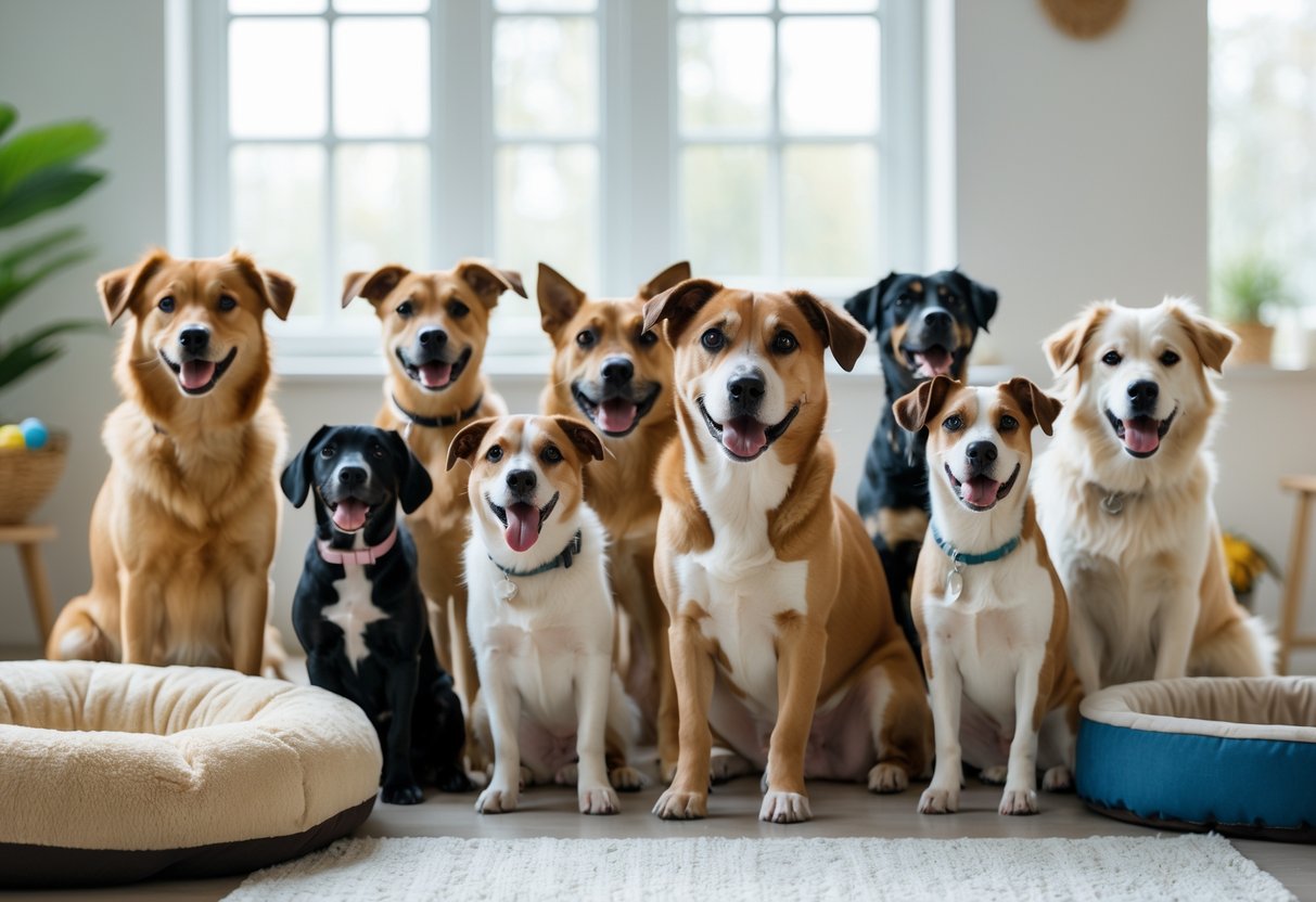 A group of various dogs sitting and standing together indoors in a bright, cozy room with natural light.