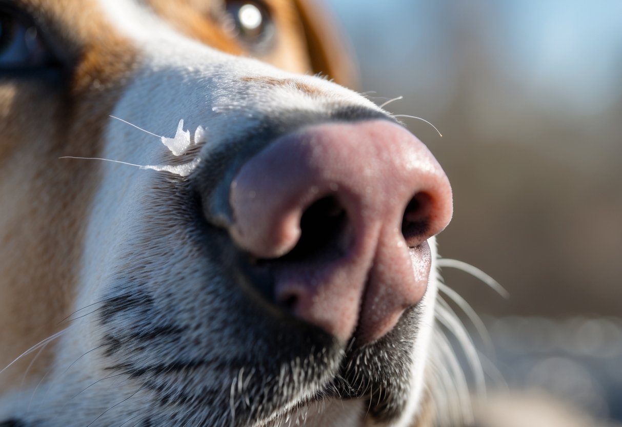 Close-up of a dog's nose with a visible white salt line along the top ridge.