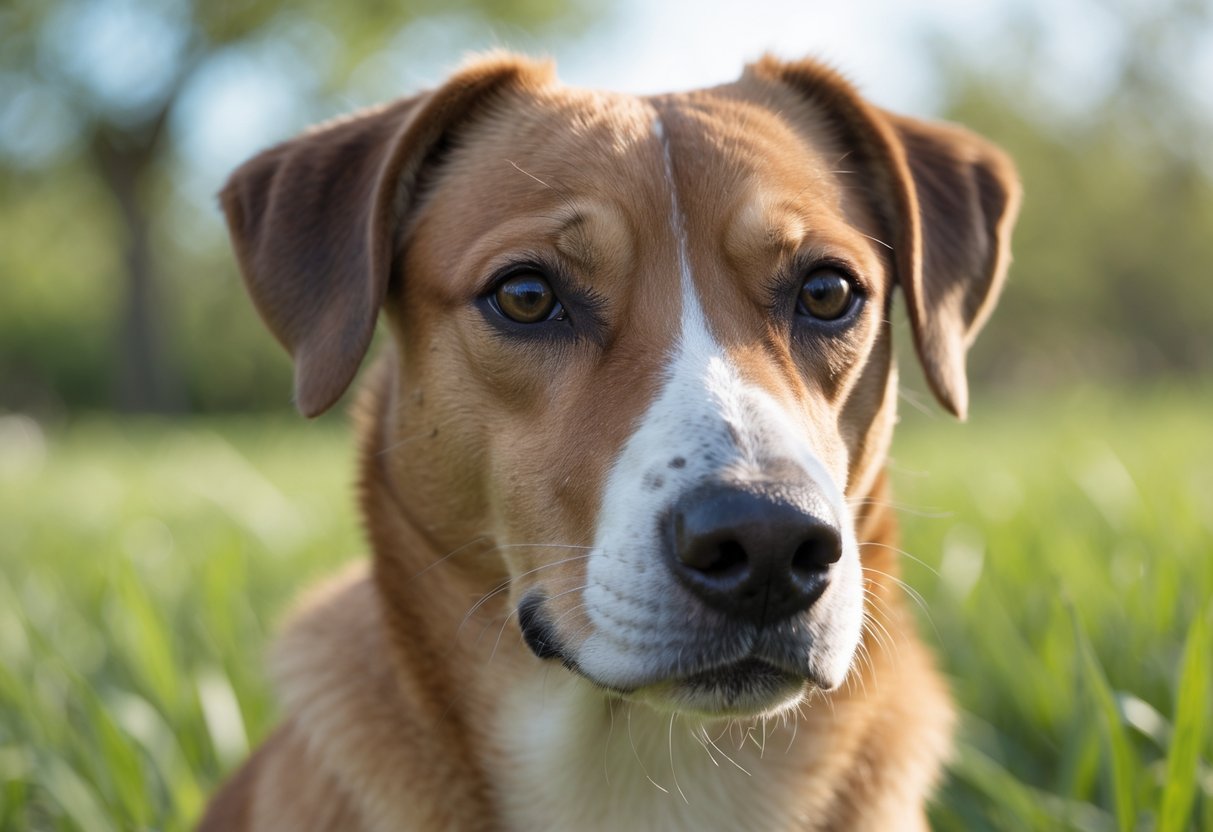 Close-up of a dog sitting outdoors with a white salt line visible on its nose.