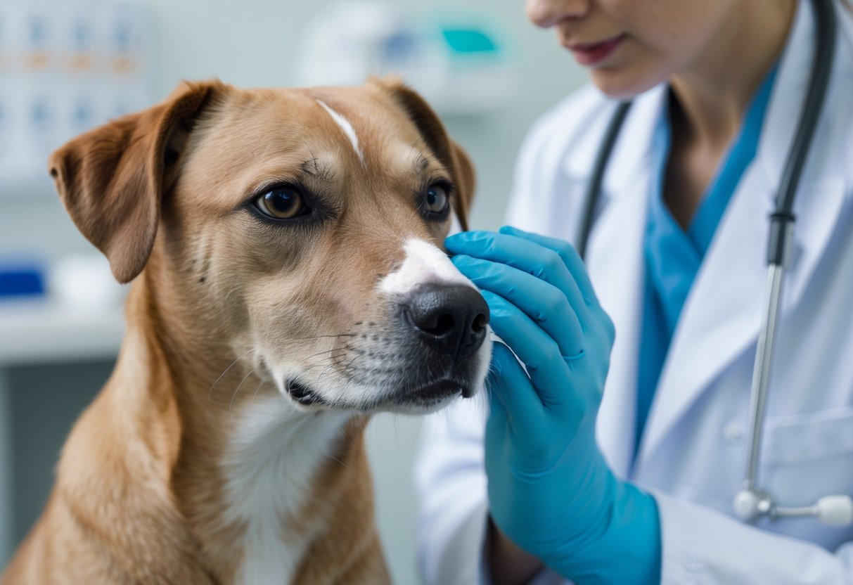 A veterinarian examining a medium-sized dog with a white line on its nose in a veterinary clinic.
