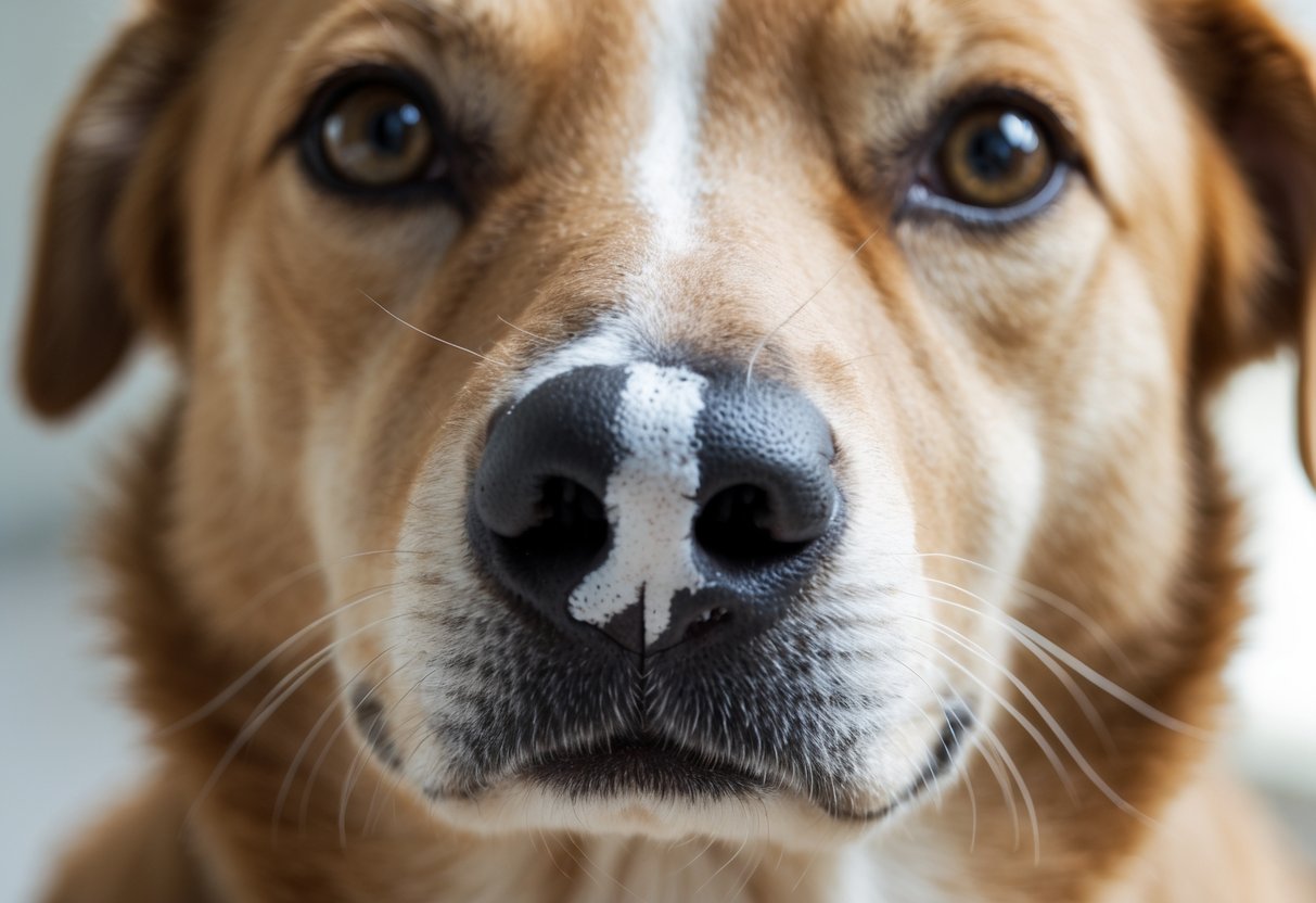 Close-up of a dog with a white line on its nose looking at the camera.