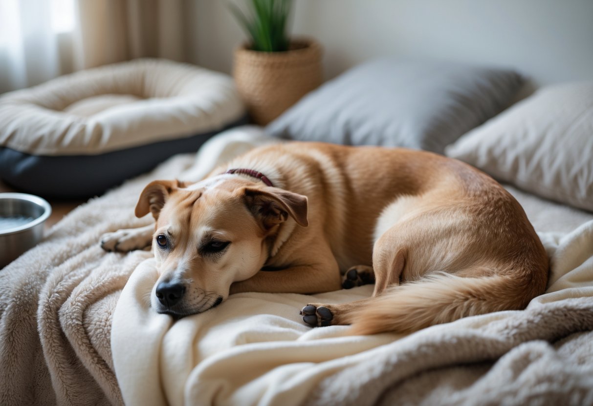 A pregnant dog resting on a soft blanket indoors with a visible baby bump.