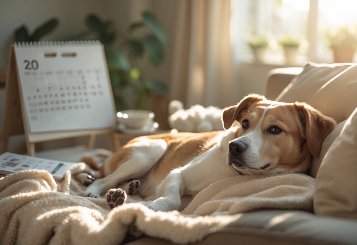 A pregnant dog resting comfortably on a blanket in a cozy living room with soft natural light.