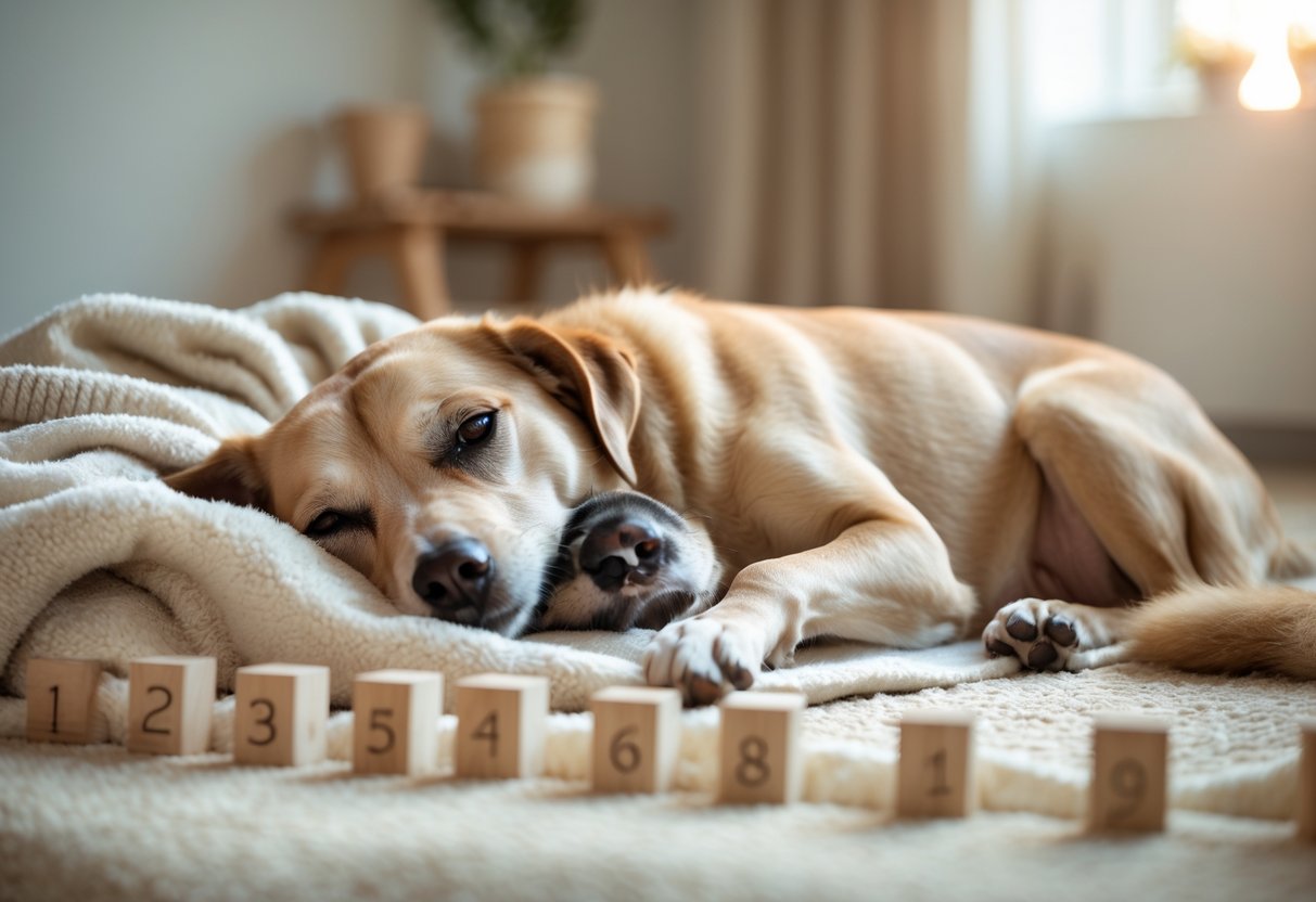 A pregnant dog lying comfortably on a soft blanket indoors with small wooden blocks arranged nearby, representing weeks of pregnancy.