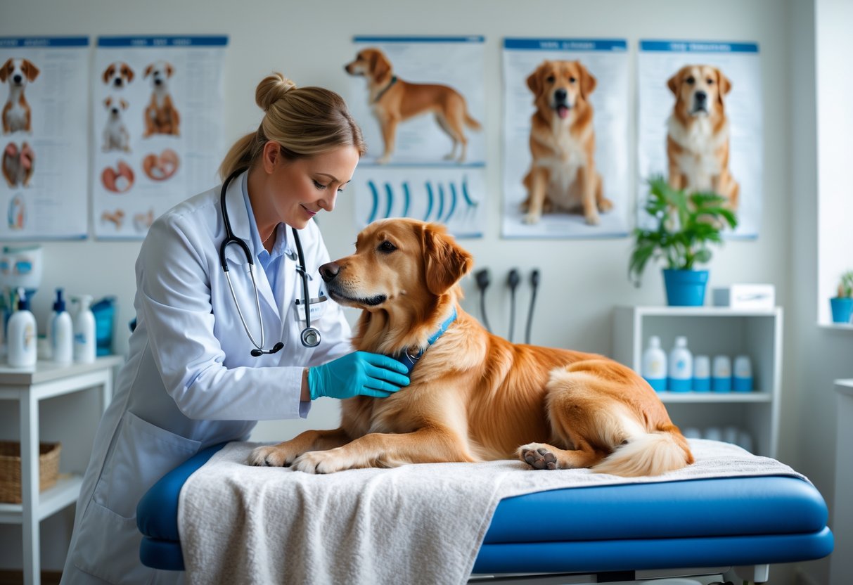 A veterinarian gently examining a pregnant golden retriever on an examination table in a veterinary clinic.