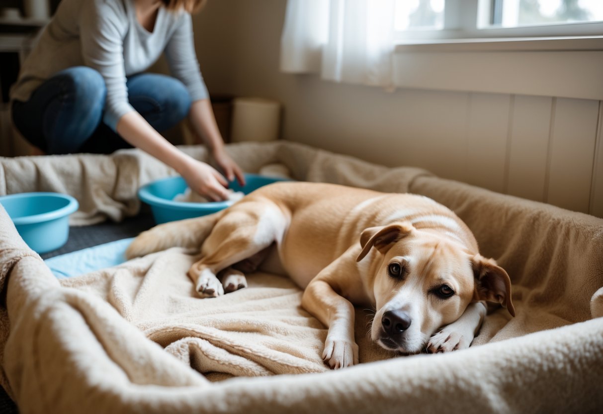 A pregnant dog resting in a cozy whelping box with a person preparing the area nearby.