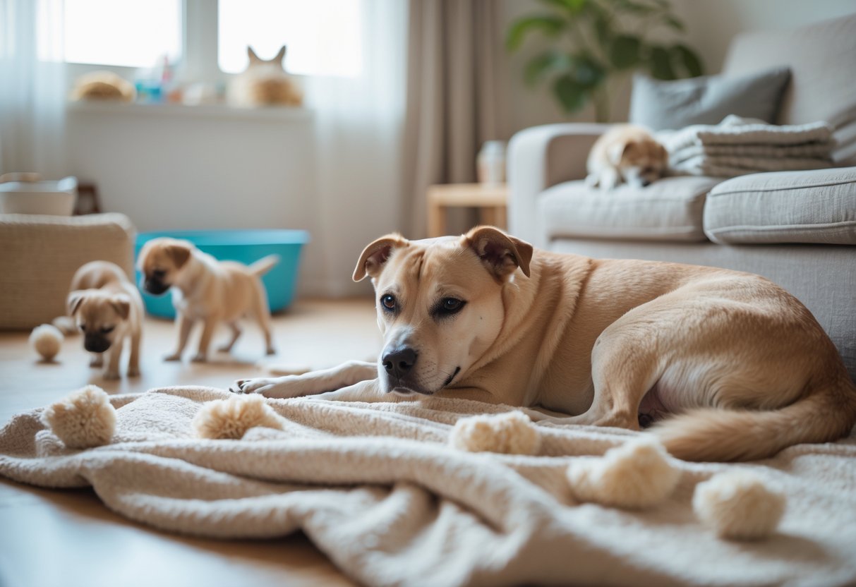 A pregnant dog resting on a blanket indoors with puppies playing nearby and pet care items around.