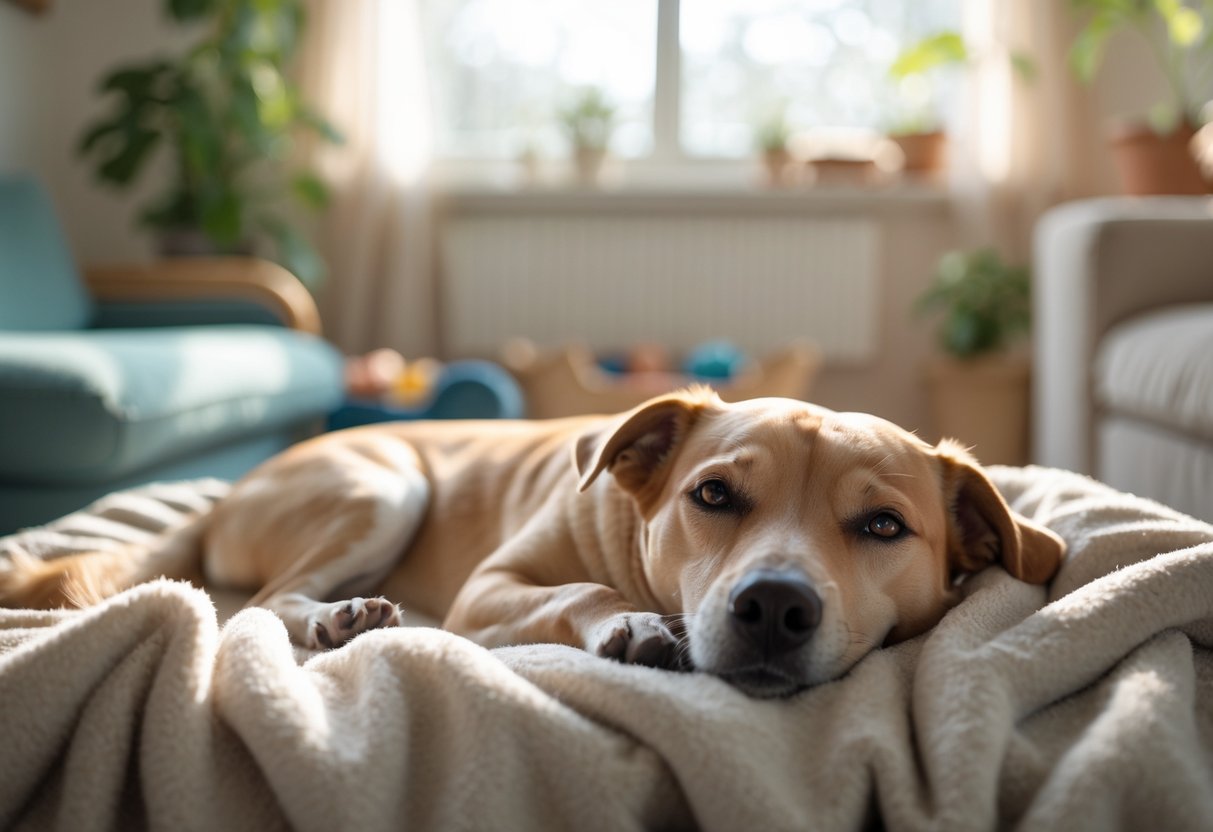 A pregnant dog lying comfortably on a blanket in a cozy living room.