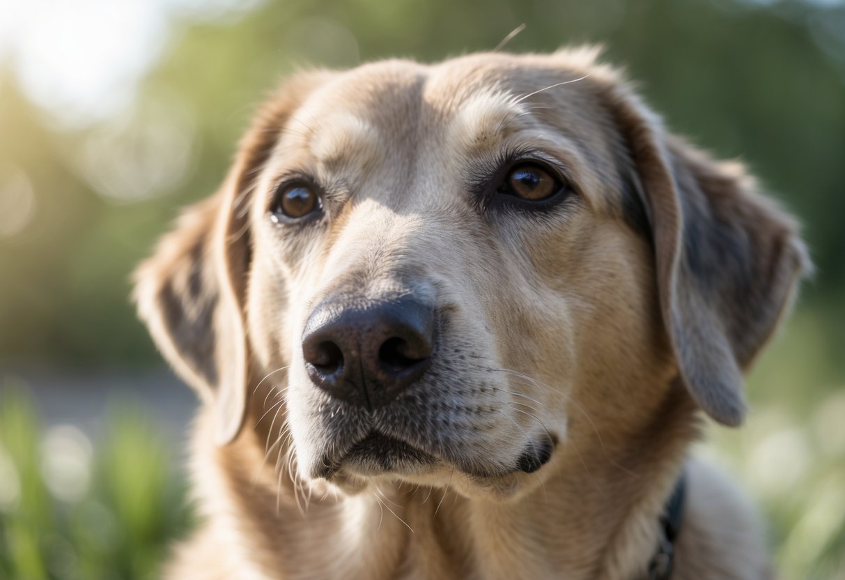 Close-up of a senior dog with a dry, rough nose sitting outdoors in a garden.