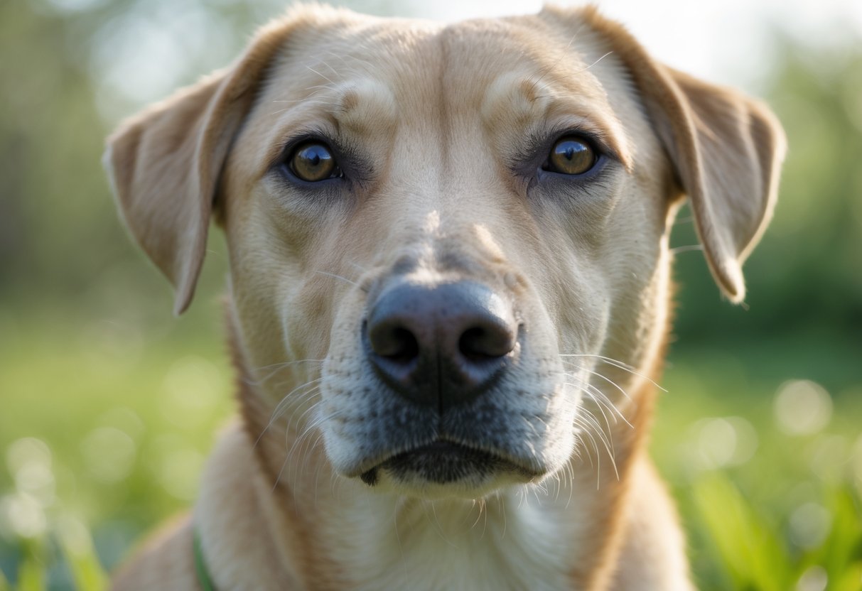 Close-up of a dog with a dry nose and slightly dry skin around it, sitting outdoors with blurred green background.