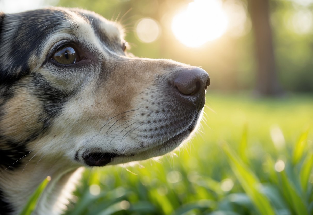 Close-up of a dog with a slightly dry nose outdoors in a sunny garden.