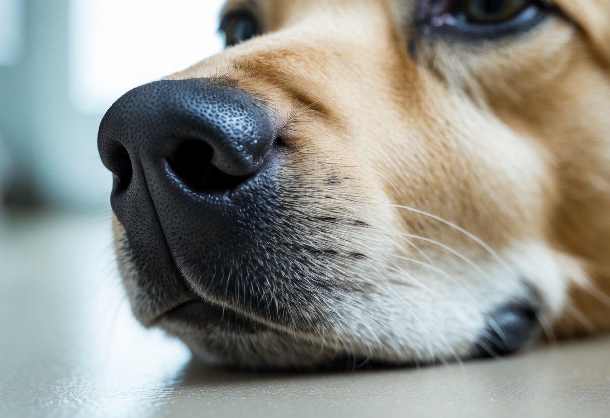 Close-up of a healthy dog's moist nose with soft fur around it.