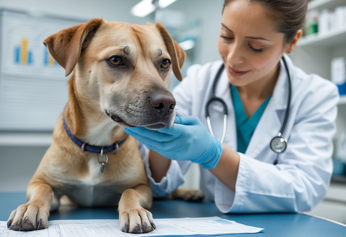 A veterinarian gently examining a medium-sized dog with a dry nose in a bright veterinary clinic.