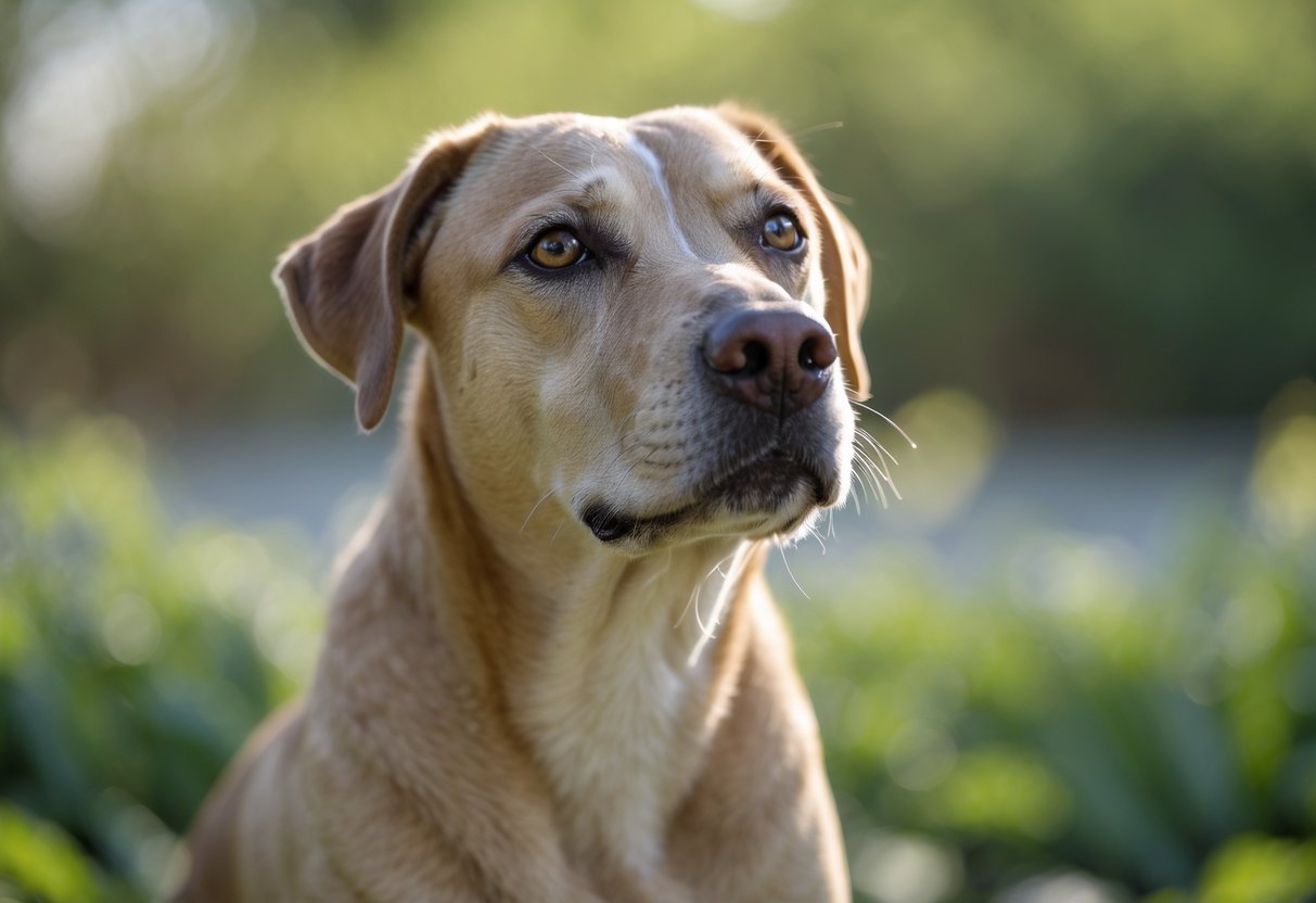 Close-up of a medium-sized dog sitting outdoors with a slightly dry nose, looking calm and attentive.