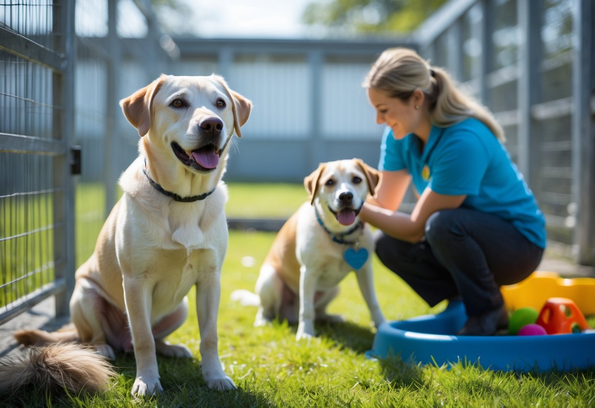 A happy rescue dog sitting in a clean outdoor area of a dog rescue center with a volunteer caring for another dog in the background.