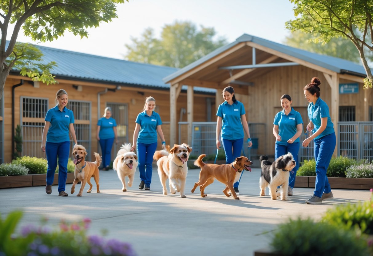 Dogs playing outside a clean and welcoming dog rescue centre with staff members caring for them.