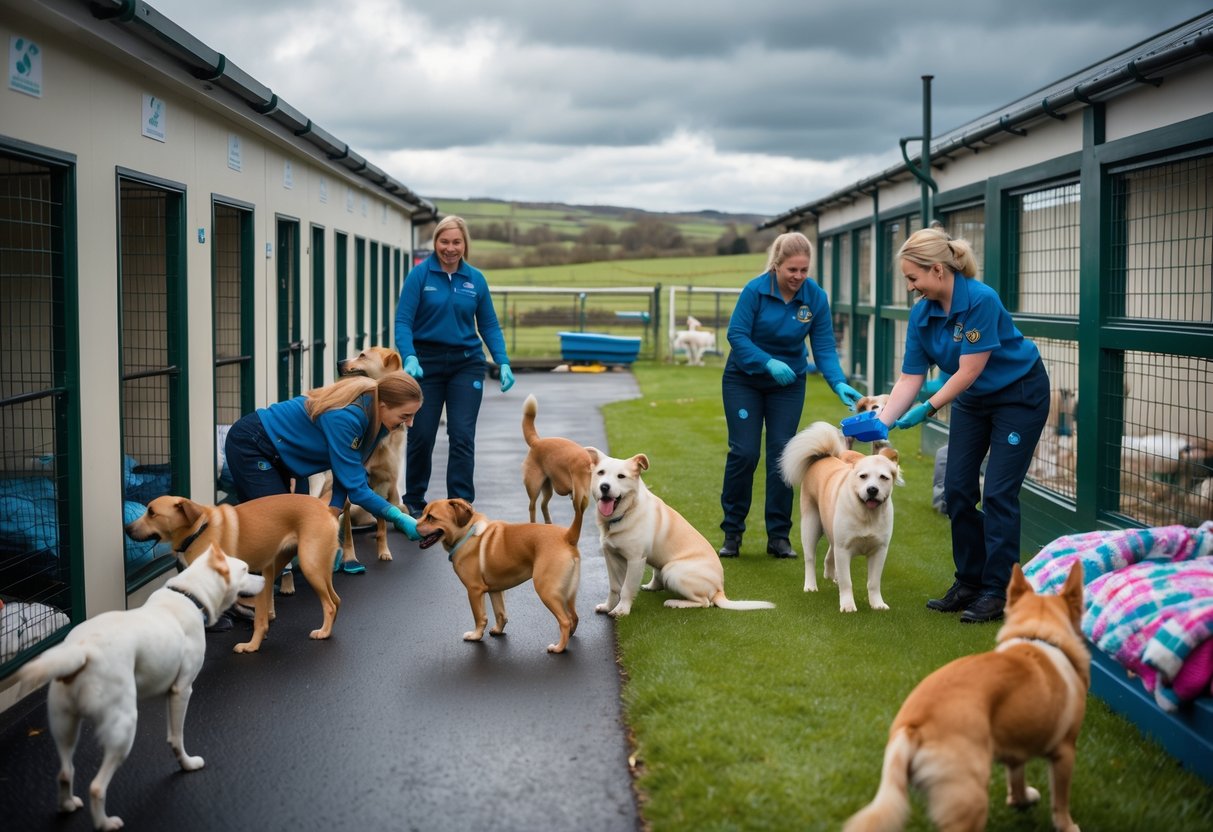 Staff members caring for dogs in a clean and spacious dog rescue centre with indoor kennels and outdoor play areas in a countryside setting.