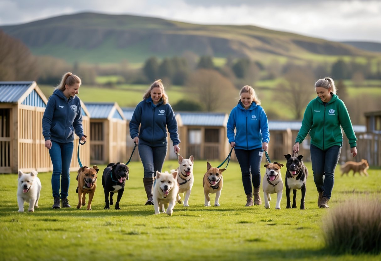 Volunteers caring for various dogs outdoors at a dog rescue center with green hills in the background.