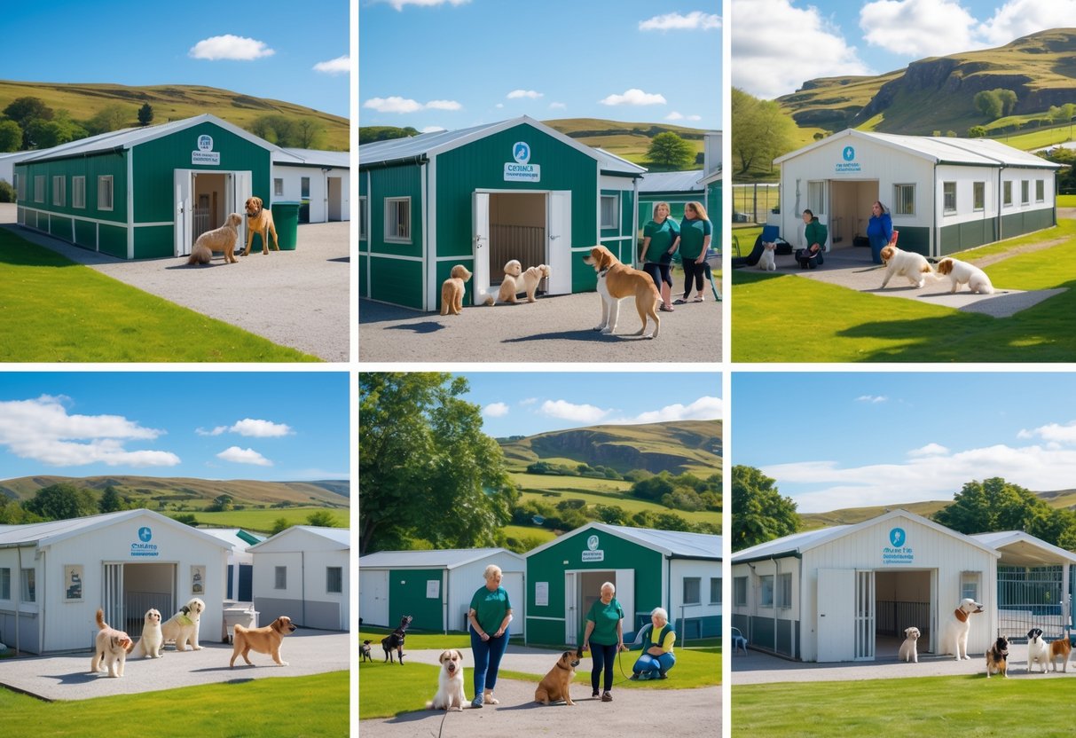 Five different dog rescue centers in Scotland with dogs playing and staff caring for them outdoors in a green countryside setting.