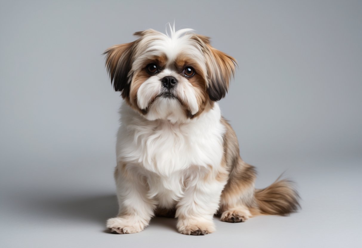 A Shih Tzu dog sitting and looking at the camera on a plain background.