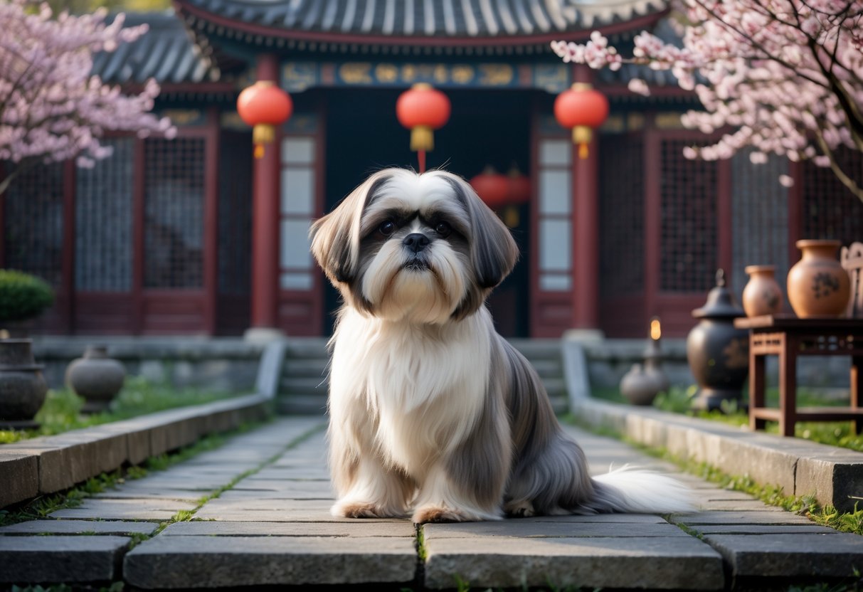 A Shih Tzu dog sitting on a stone path in a garden with traditional Chinese architecture and cherry blossoms in the background.