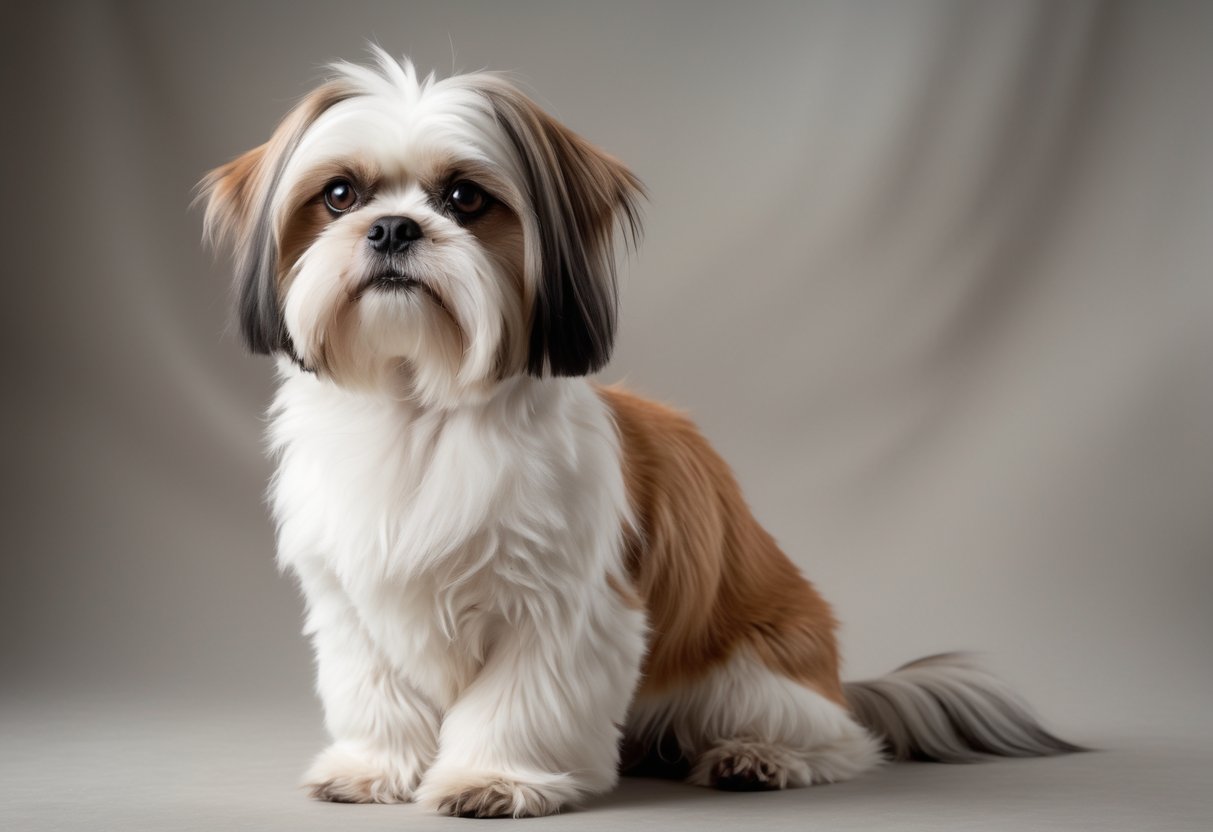 A Shih Tzu dog sitting and looking forward with a long flowing coat and expressive eyes on a plain background.