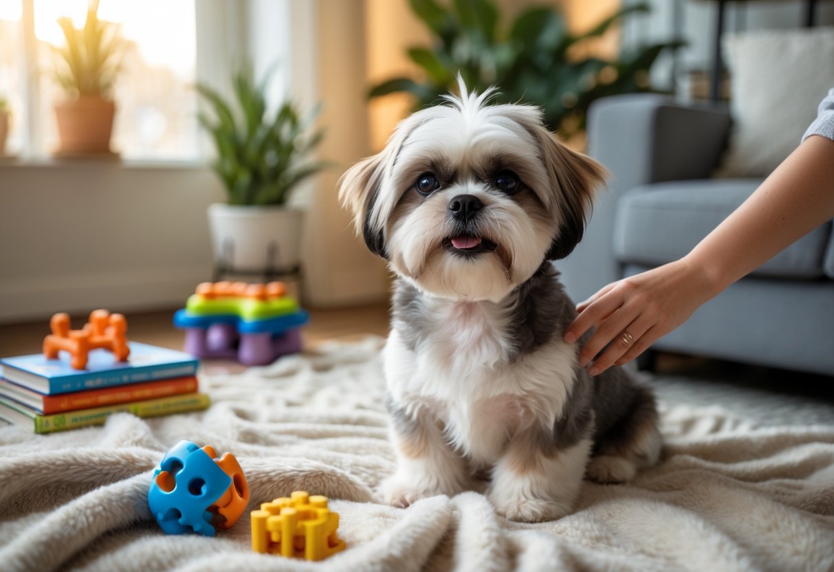A Shih Tzu dog sitting on a blanket in a cozy living room with toys and a hand petting it.