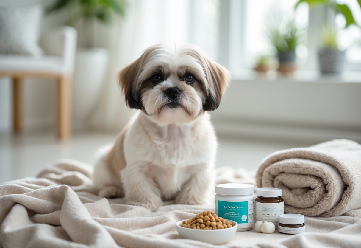 A healthy Shih Tzu sitting on a blanket indoors surrounded by pet care items like food, water, and supplements.