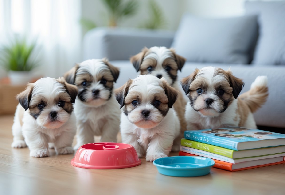 A group of playful Shih Tzu puppies indoors with pet care items nearby, including grooming tools and a water bowl.
