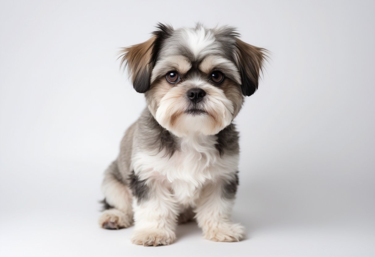 A Shih Tzu dog sitting and looking attentively against a plain white background.