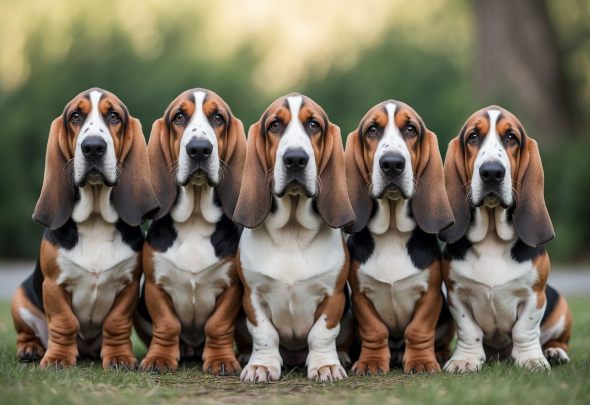 Five Basset Hound dogs with long ears sitting and standing together outdoors.