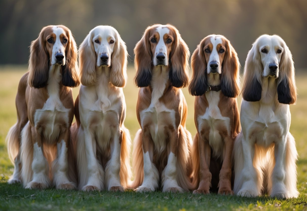 Five Afghan Hound dogs with long ears standing together on grass outdoors.