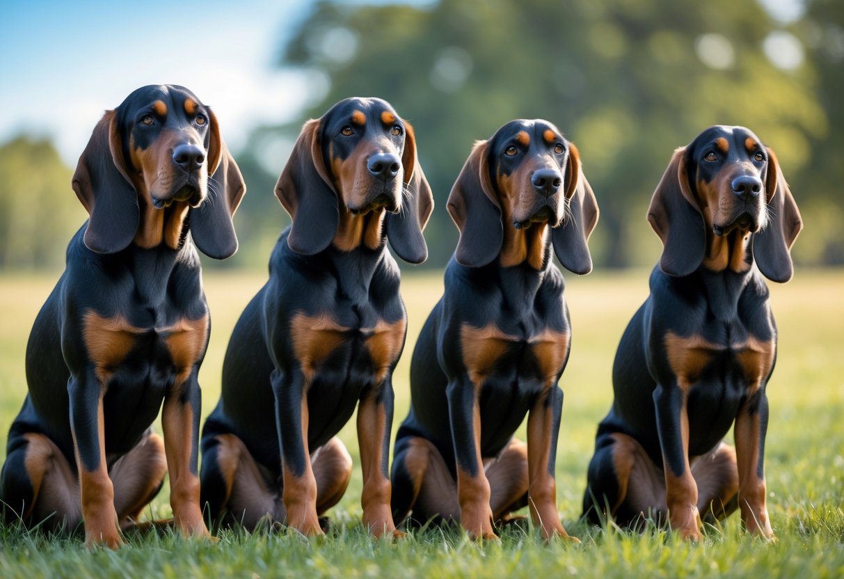 Five Black and Tan Coonhound dogs with long ears sitting and standing together outdoors on grass.