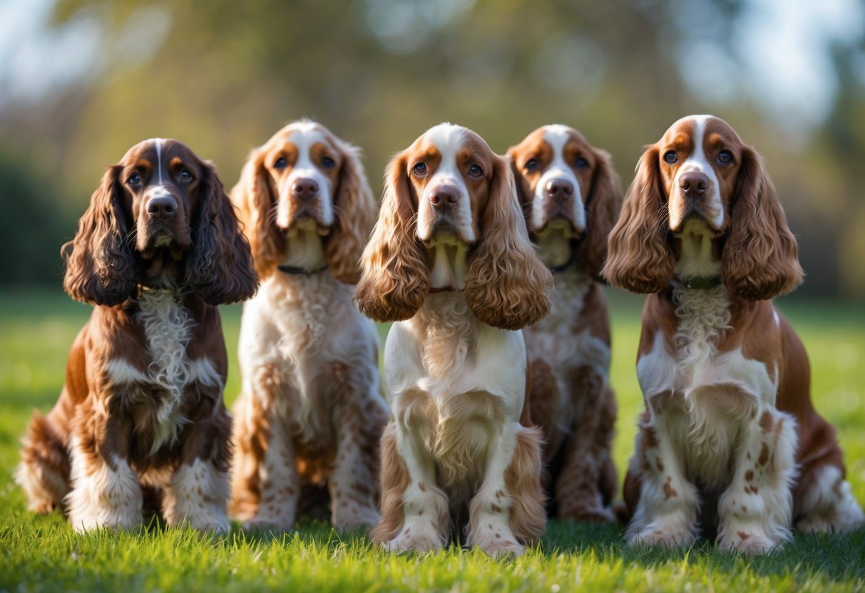 Five Cocker Spaniel dogs with long ears sitting and standing together on green grass outdoors.