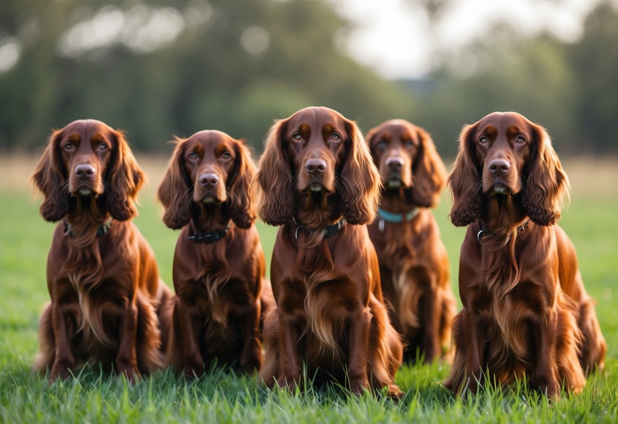 Five Irish Setter dogs with long ears standing together on grass outdoors.