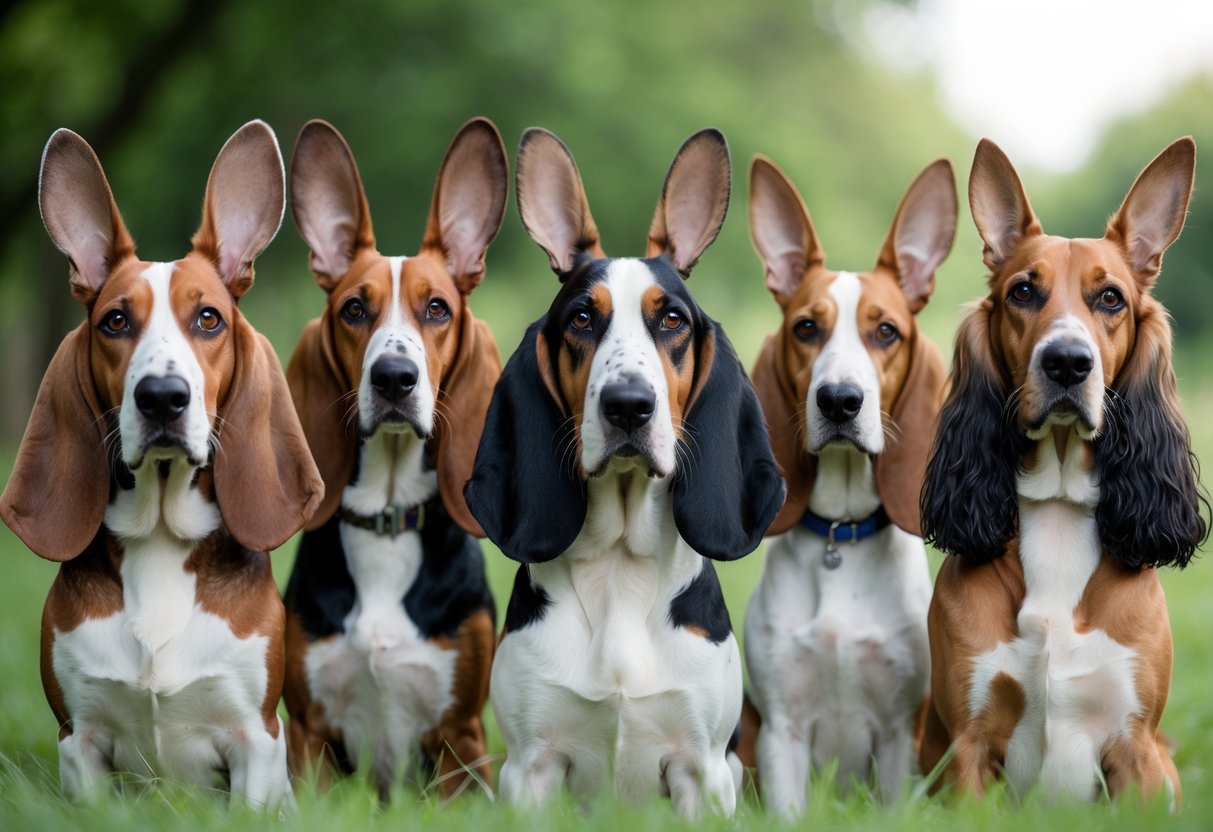 Five different dogs with long ears sitting side by side outdoors with a green background.