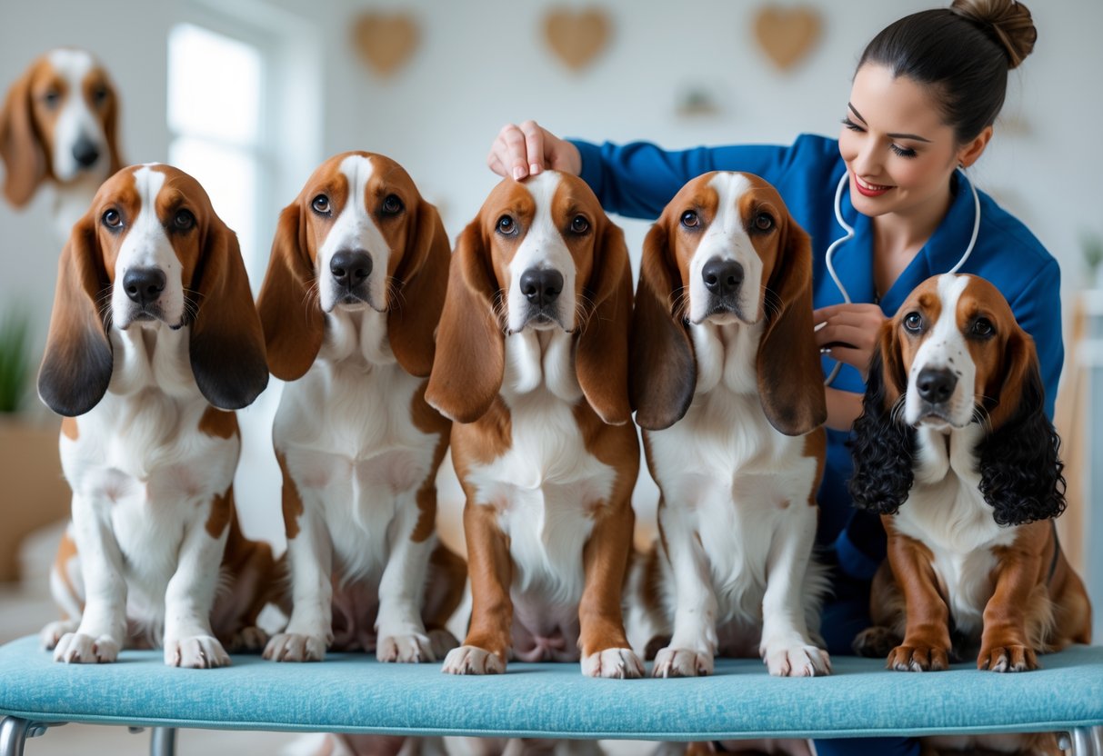 Five dogs with long ears being gently cared for by a person indoors.